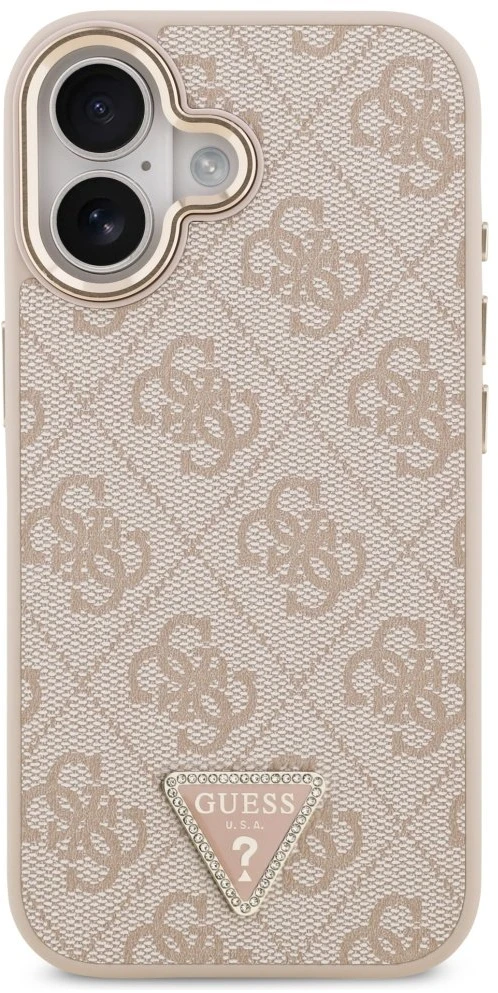 Guess PU Leather 4G Strass Triangle Logo Gold Frame MagSafe dėklas skirtas Apple iPhone 17 rožinės spalvos