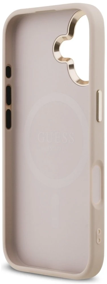 Guess PU Leather 4G Strass Triangle Logo Gold Frame MagSafe dėklas skirtas Apple iPhone 17 rožinės spalvos