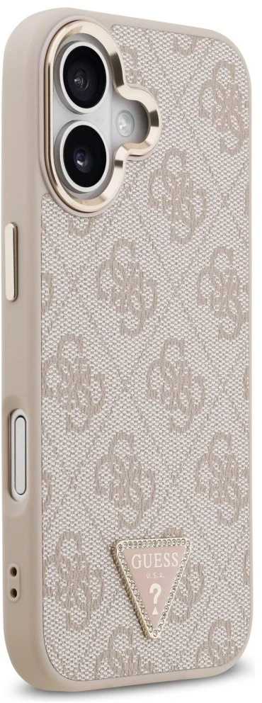 Guess PU Leather 4G Strass Triangle Logo Gold Frame MagSafe dėklas skirtas Apple iPhone 17 rožinės spalvos