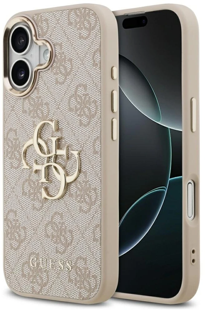 Guess PU Leather 4G Metal Logo Gold Frame dėklas skirtas Apple iPhone 17 rožinės spalvos