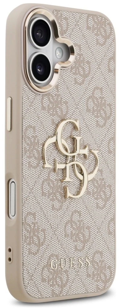 Guess PU odos 4G Metal Logo Gold Frame dėklas skirtas iPhone 17 rožinės spalvos