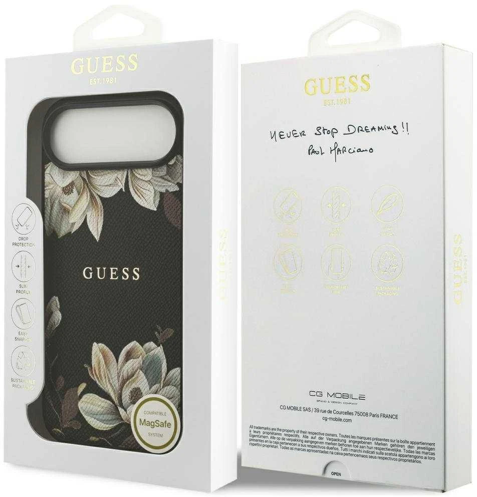 Guess Grained Flowers Classic Logo MagSafe dėklas Apple iPhone Air juodos spalvos