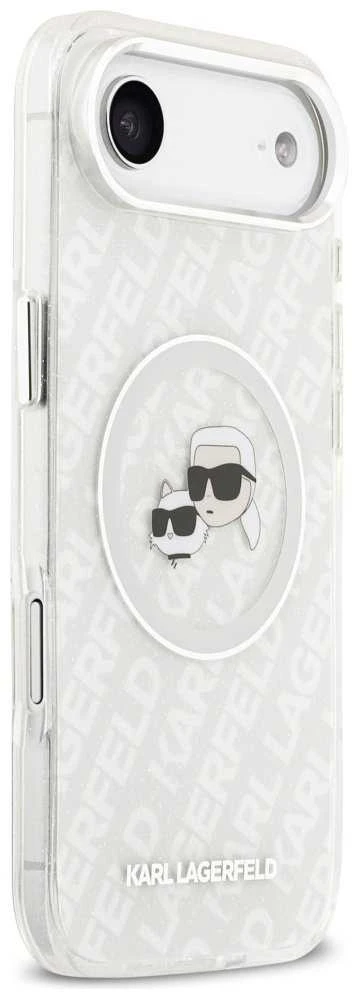 „Karl Lagerfeld IML“ blizgučiais ir „Karl&Choupette“ galvų logotipu pažymėtas „MagSafe“ dėklas, skirtas „iPhone Air“ – pilkas