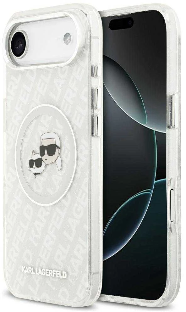 „Karl Lagerfeld IML“ blizgučiais ir „Karl&Choupette“ galvų logotipu pažymėtas „MagSafe“ dėklas, skirtas „iPhone Air“ – pilkas