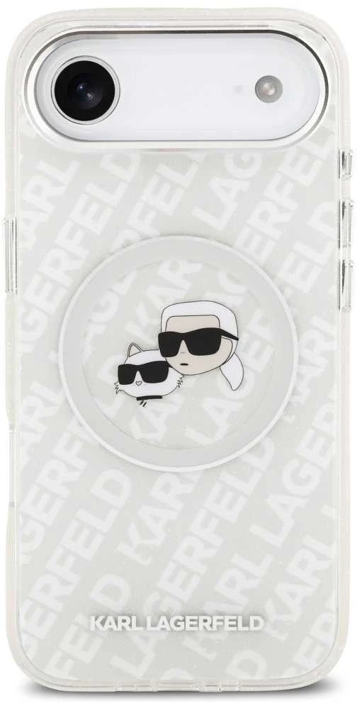 „Karl Lagerfeld IML“ blizgučiais ir „Karl&Choupette“ galvų logotipu pažymėtas „MagSafe“ dėklas, skirtas „iPhone Air“ – pilkas
