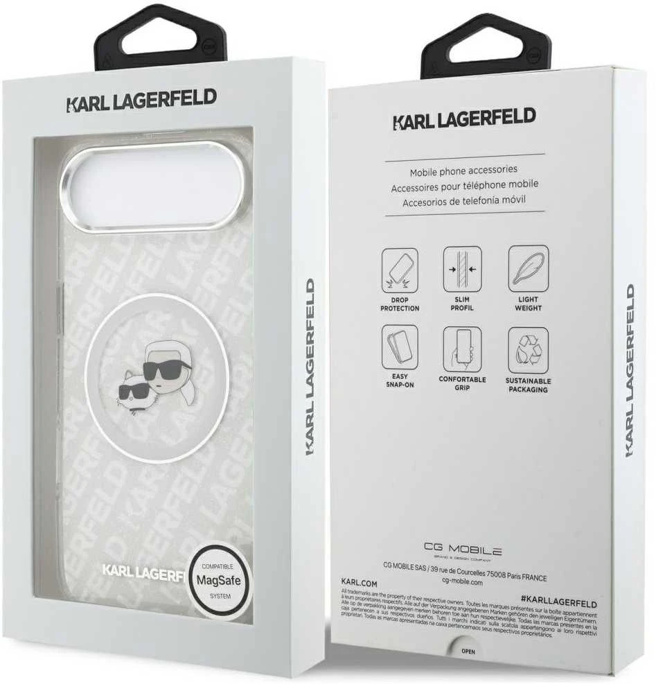 „Karl Lagerfeld IML“ blizgučiais ir „Karl&Choupette“ galvų logotipu pažymėtas „MagSafe“ dėklas, skirtas „iPhone Air“ – pilkas