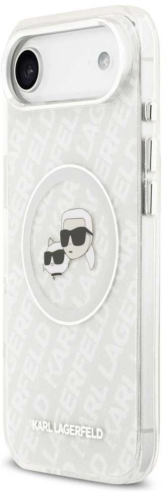 „Karl Lagerfeld IML“ blizgučiais ir „Karl&Choupette“ galvų logotipu pažymėtas „MagSafe“ dėklas, skirtas „iPhone Air“ – pilkas