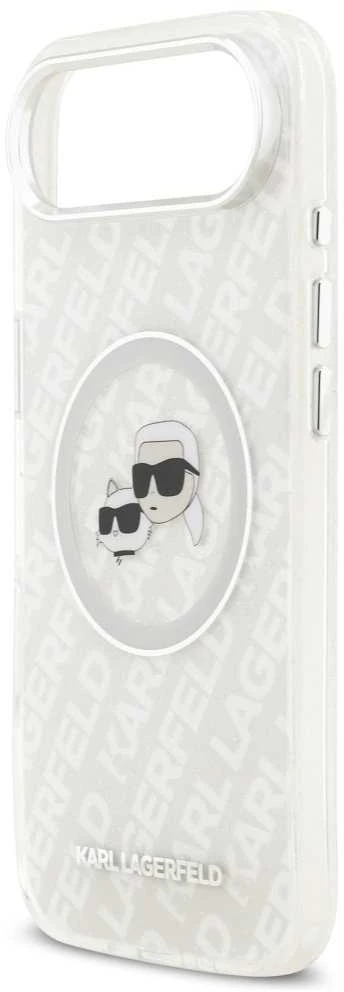 „Karl Lagerfeld IML“ blizgučiais ir „Karl&Choupette“ galvų logotipu pažymėtas „MagSafe“ dėklas, skirtas „iPhone Air“ – pilkas