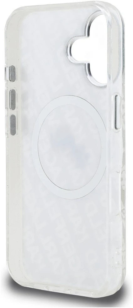 Karl Lagerfeld IML blizgučiais puoštas „Karl & Choupette Heads“ logotipo „MagSafe iPhone 16“ dėklas – pilkas