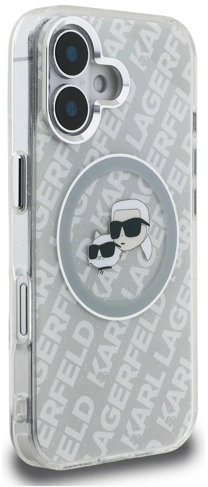 Karl Lagerfeld IML blizgučiais puoštas „Karl & Choupette Heads“ logotipo „MagSafe iPhone 16“ dėklas – pilkas