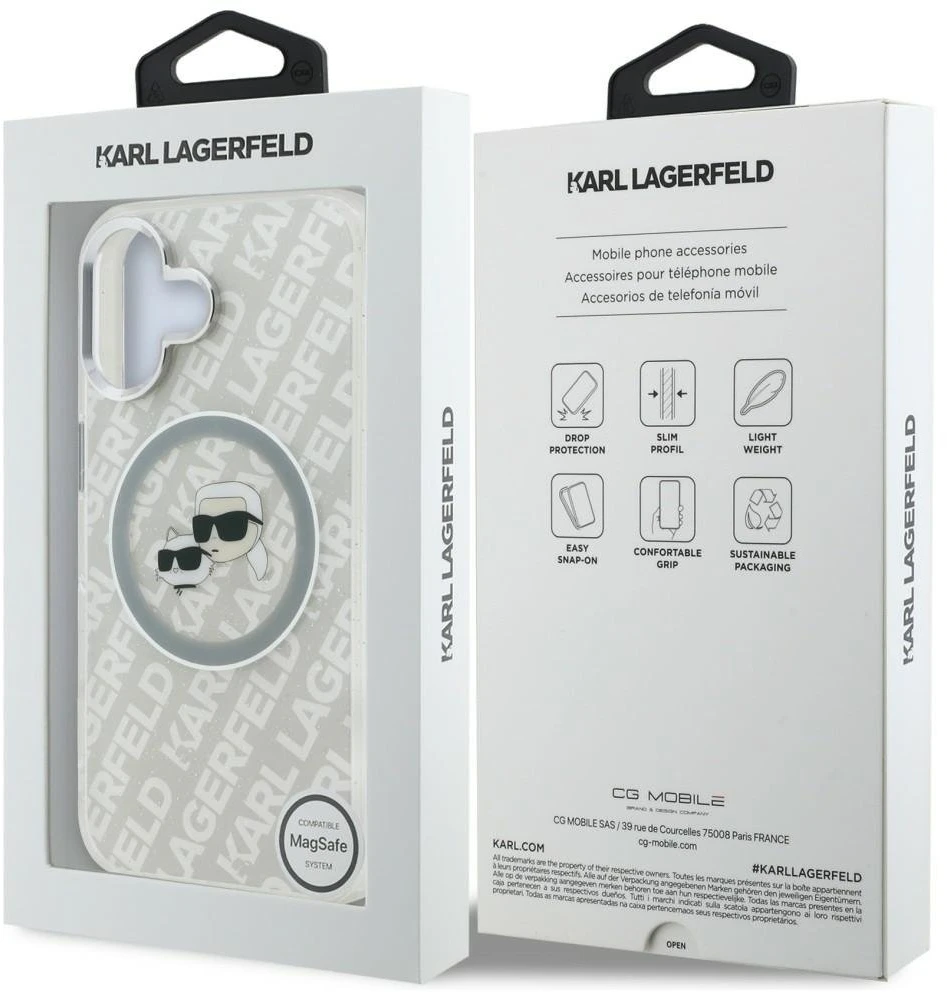 Karl Lagerfeld IML blizgučiais puoštas „Karl & Choupette Heads“ logotipo „MagSafe iPhone 16“ dėklas – pilkas