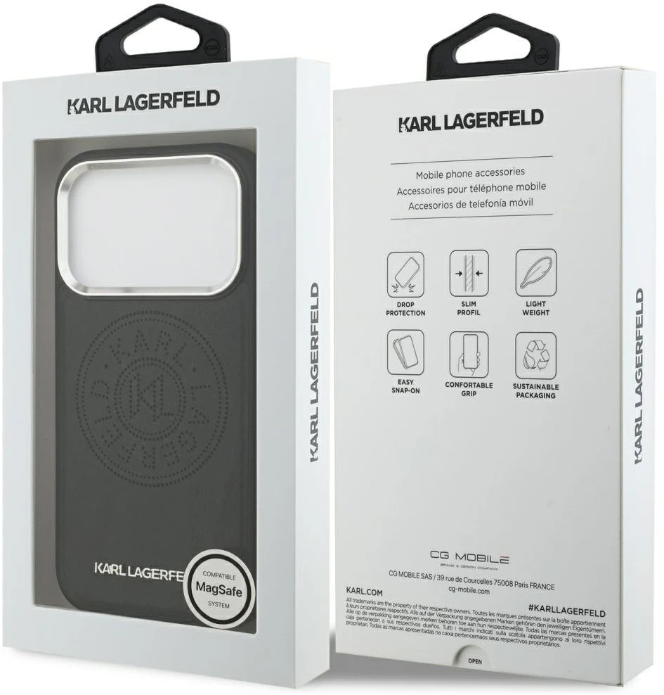 Karl Lagerfeld Point & Metal Logo MagSafe dėklas skirtas Apple iPhone 17 Pro juodos spalvos