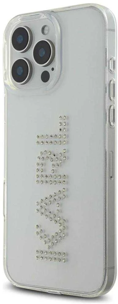 Karl Lagerfeld IML Rhinestones logotipas iPhone 16 Pro dėklas – skaidrus