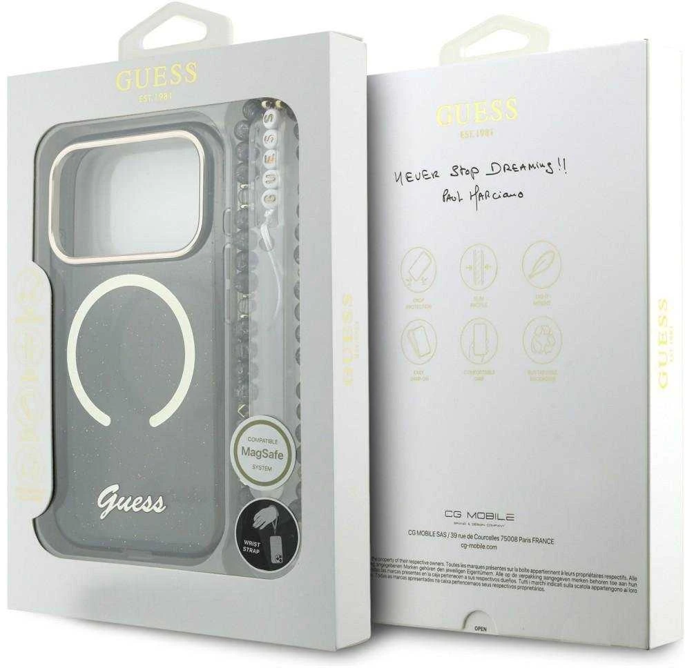 Guess IML Glitter Script Strap MagSafe dėklas skirtas iPhone 17 Pro Juodas