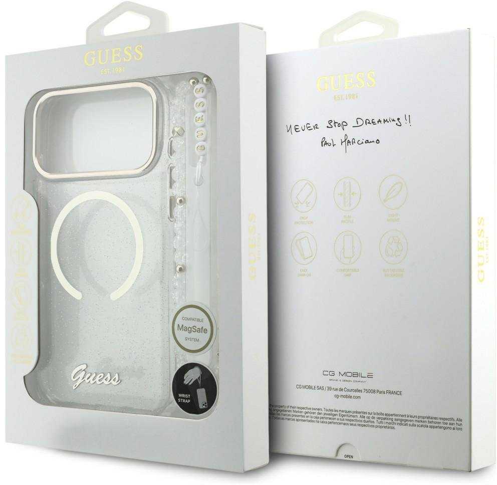 Guess IML Glitter Script Strap MagSafe dėklas skirtas iPhone 17 Pro Max Transparent