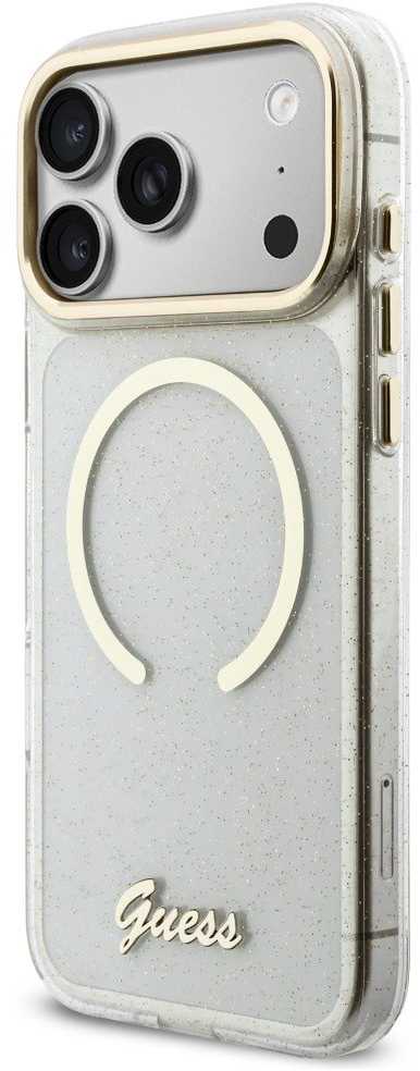 Guess IML Glitter Script Strap MagSafe dėklas skirtas iPhone 17 Pro Max Transparent