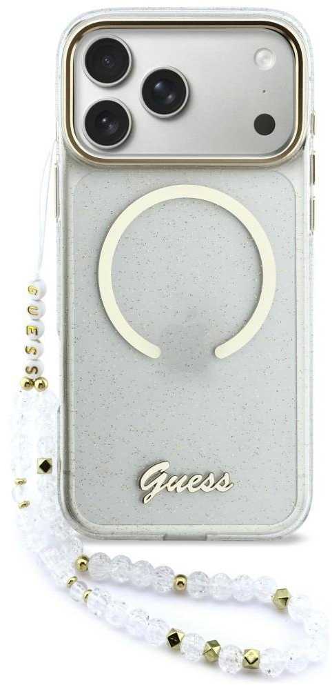 Guess IML Glitter Script Strap MagSafe dėklas skirtas iPhone 17 Pro Max Transparent