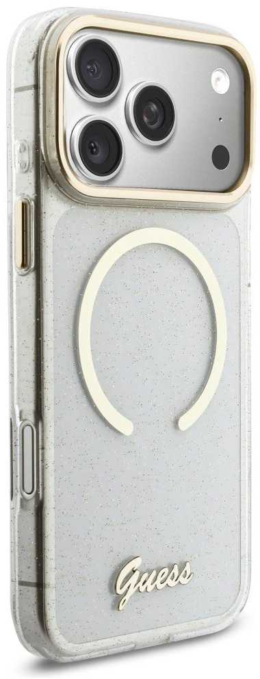 Guess IML Glitter Script Strap MagSafe dėklas skirtas iPhone 17 Pro Max Transparent