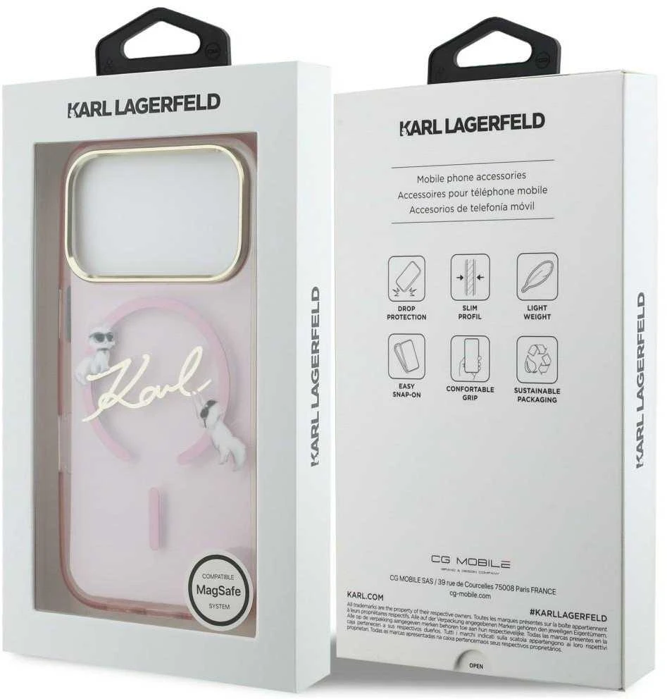 Dėklas Karl Lagerfeld IML Choupettes Karl Script Logo MagSafe Case for iPhone 17 Pro Max - Rožinė