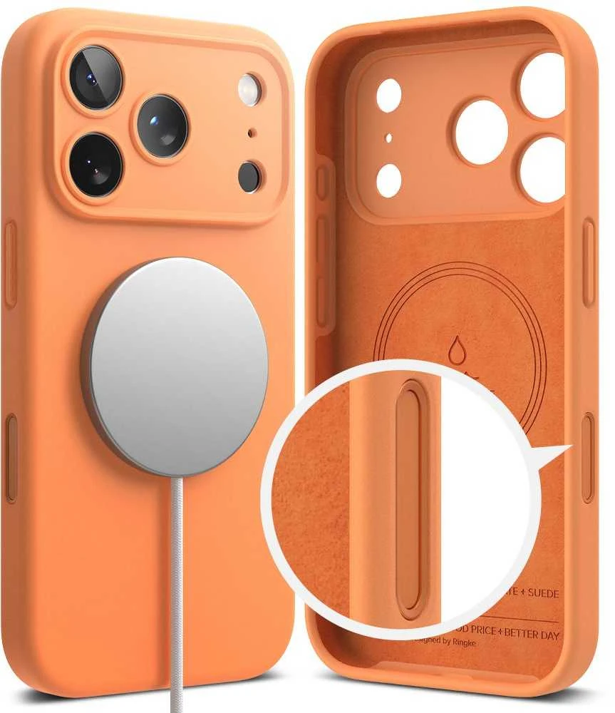 „Ringke iPhone 17 Pro Max“ silikoninis magnetinis dėklas, mandarinų spalvos