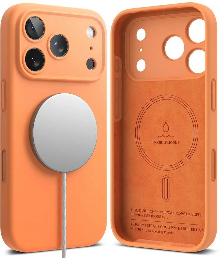 „Ringke iPhone 17 Pro Max“ silikoninis magnetinis dėklas, mandarinų spalvos