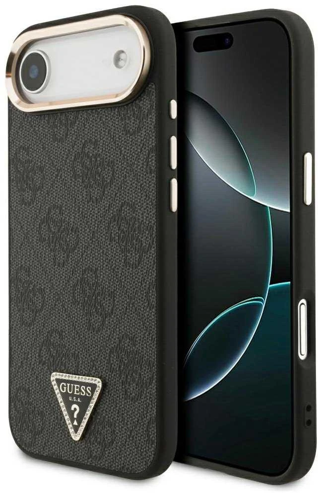 Guess PU Leather 4G Triangle Logo Gold Frame MagSafe dėklas skirtas Apple iPhone 17 Air juodos spalvos