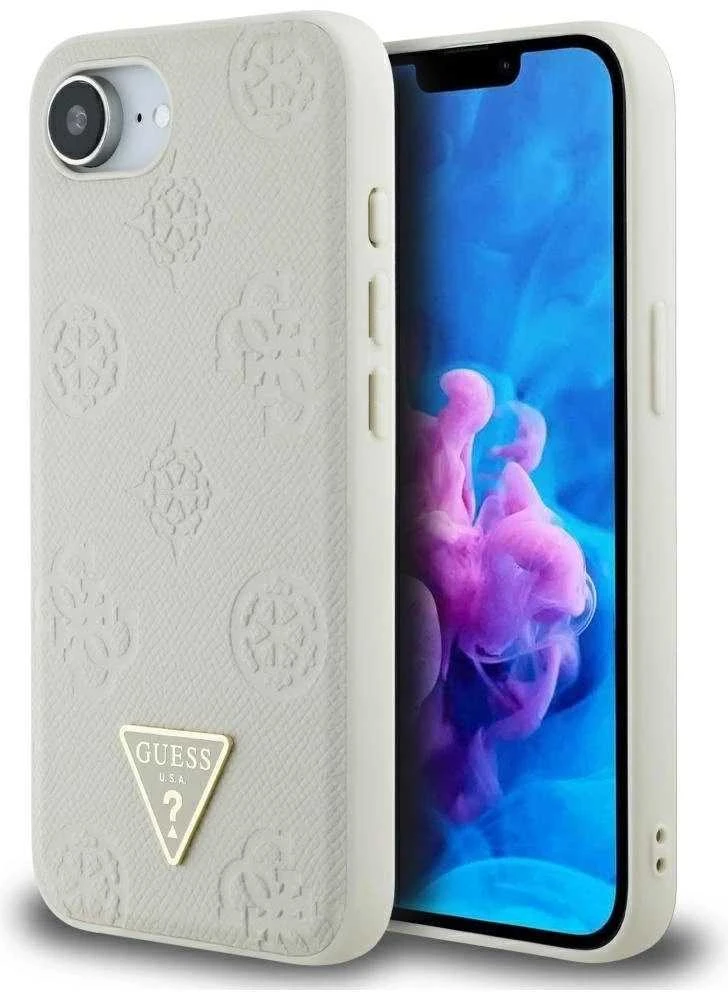 „Guess“ „Grained Hot Stamp Peony Triangle Logo MagSafe“ dėklas, skirtas „iPhone 16e“ – smėlio spalvos