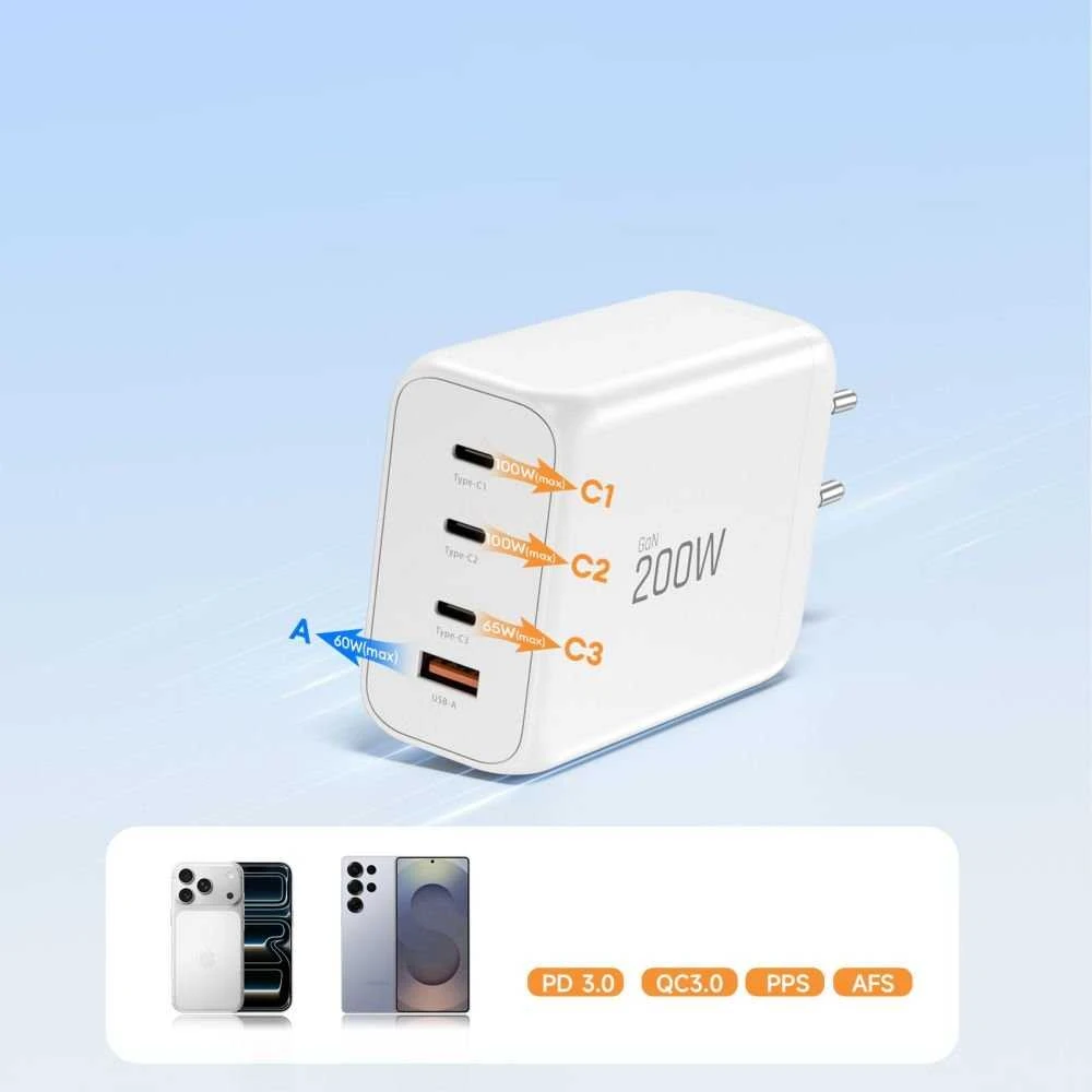Tech-Protect NC200W-GAN 4-port laidinis įkroviklis PD 200W / QC3.0 baltos spalvos