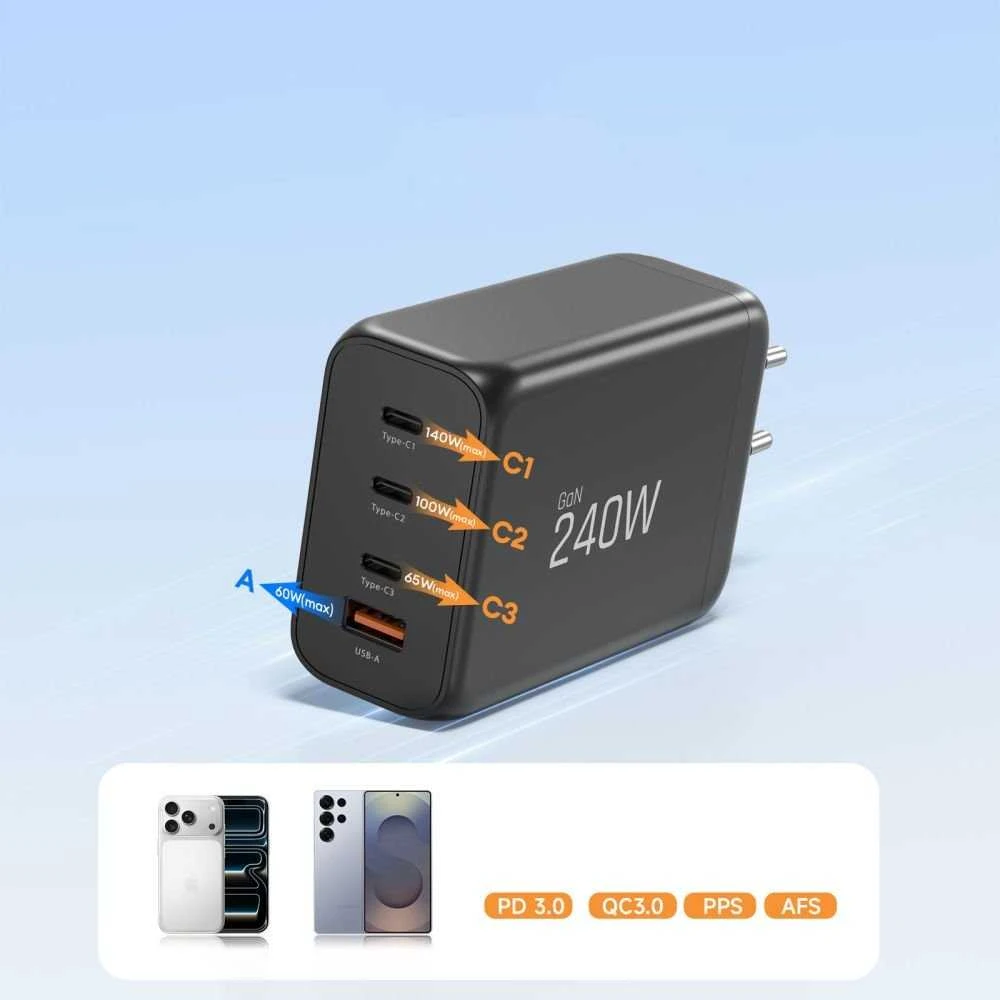 Tech-Protect NC240W-GAN 4-port laidinis įkroviklis PD 240W / QC3.0 juodos spalvos