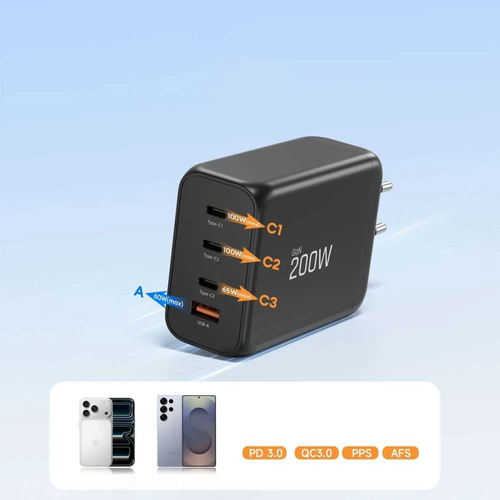 Tech-Protect NC200W-GAN 4-port laidinis įkroviklis PD 200W / QC3.0 juodos spalvos