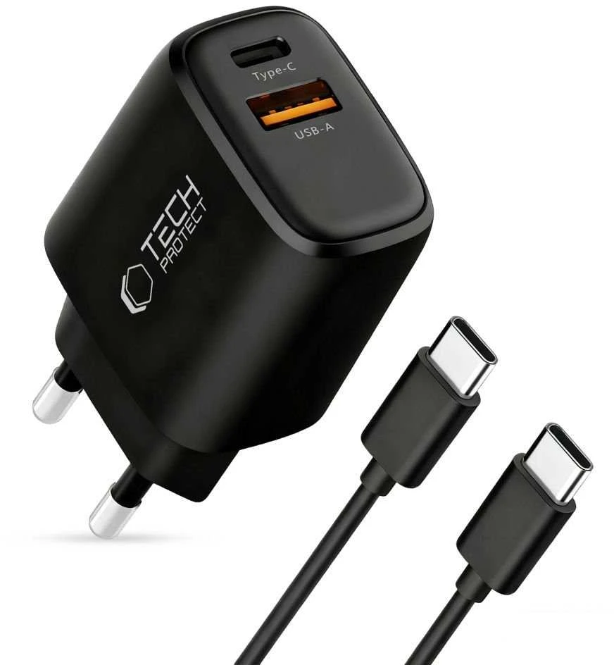 Tech-Protect NCA45W-GAN 2-Port laidinis įkroviklis PD 45W / QC3.0 + Type-C kabelis juodos spalvos