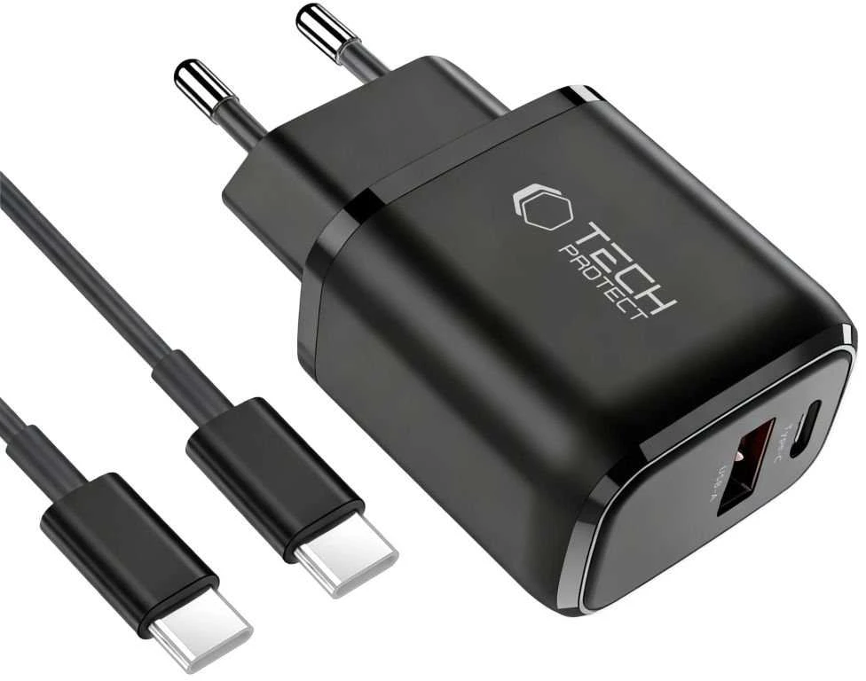 Tech-Protect NCA45W-GAN 2-Port laidinis įkroviklis PD 45W / QC3.0 + Type-C kabelis juodos spalvos