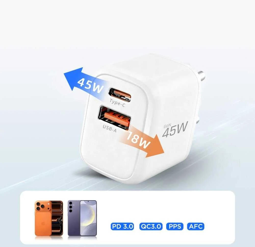 Tech-Protect NCA45W-GAN 2-PORT laidinis įkroviklis PD 45W / QC3.0 + TYPE-C kabelis baltos spalvos