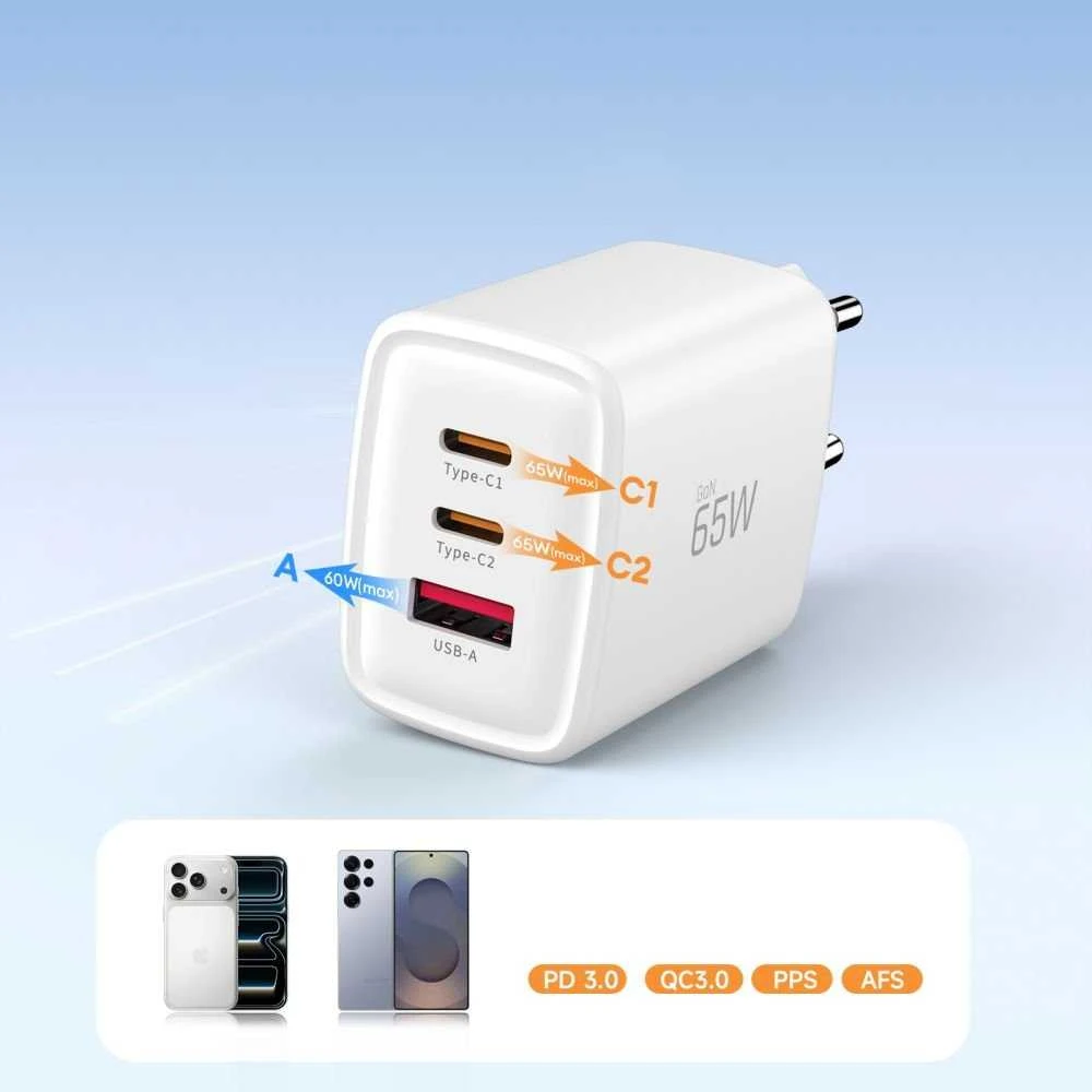 Tech-Protect NCA65W-GAN 3 prievadų tinklo įkroviklis PD 65W / QC3.0 Baltas