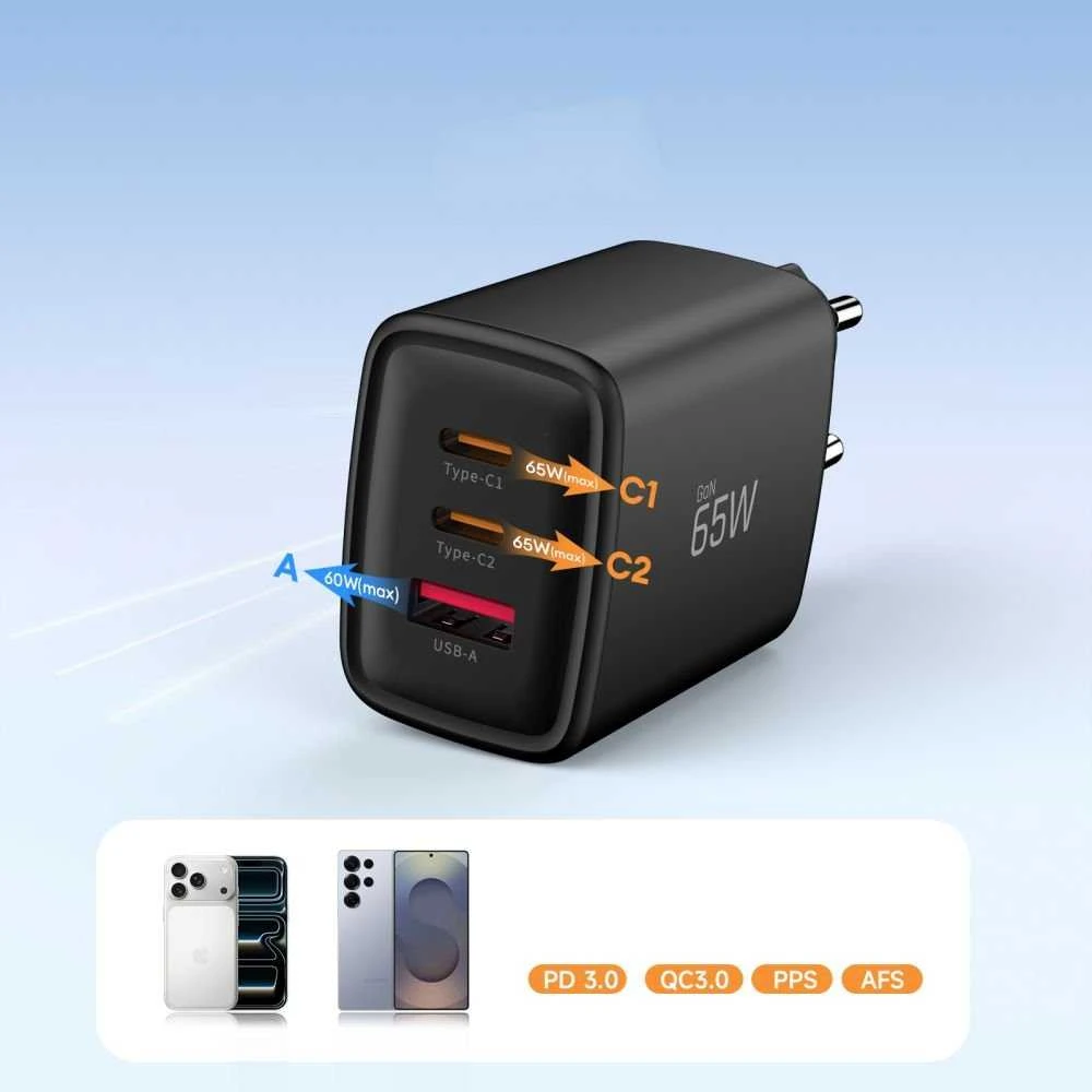 Tech-Protect NCA65W-GAN 3-PORT laidinis įkroviklis PD 65W / QC3.0 juodos spalvos