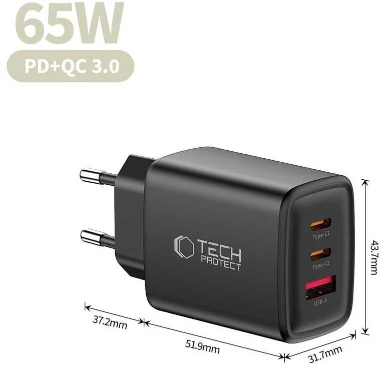Tech-Protect NCA65W-GAN 3-PORT laidinis įkroviklis PD 65W / QC3.0 juodos spalvos