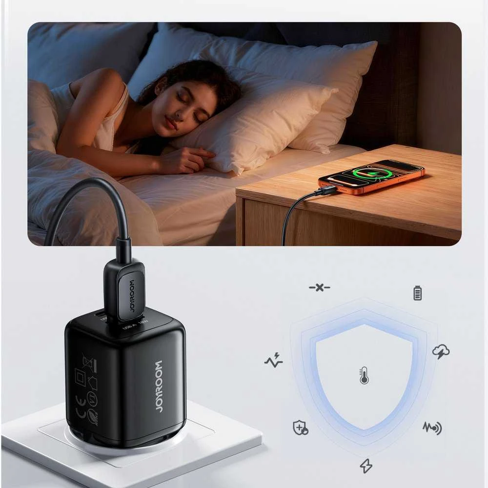 Joyroom JR-TG7 33W USB-A + USB-C sieninis įkroviklis su 60W USB-C į USB-C 1m laidu - Juodas