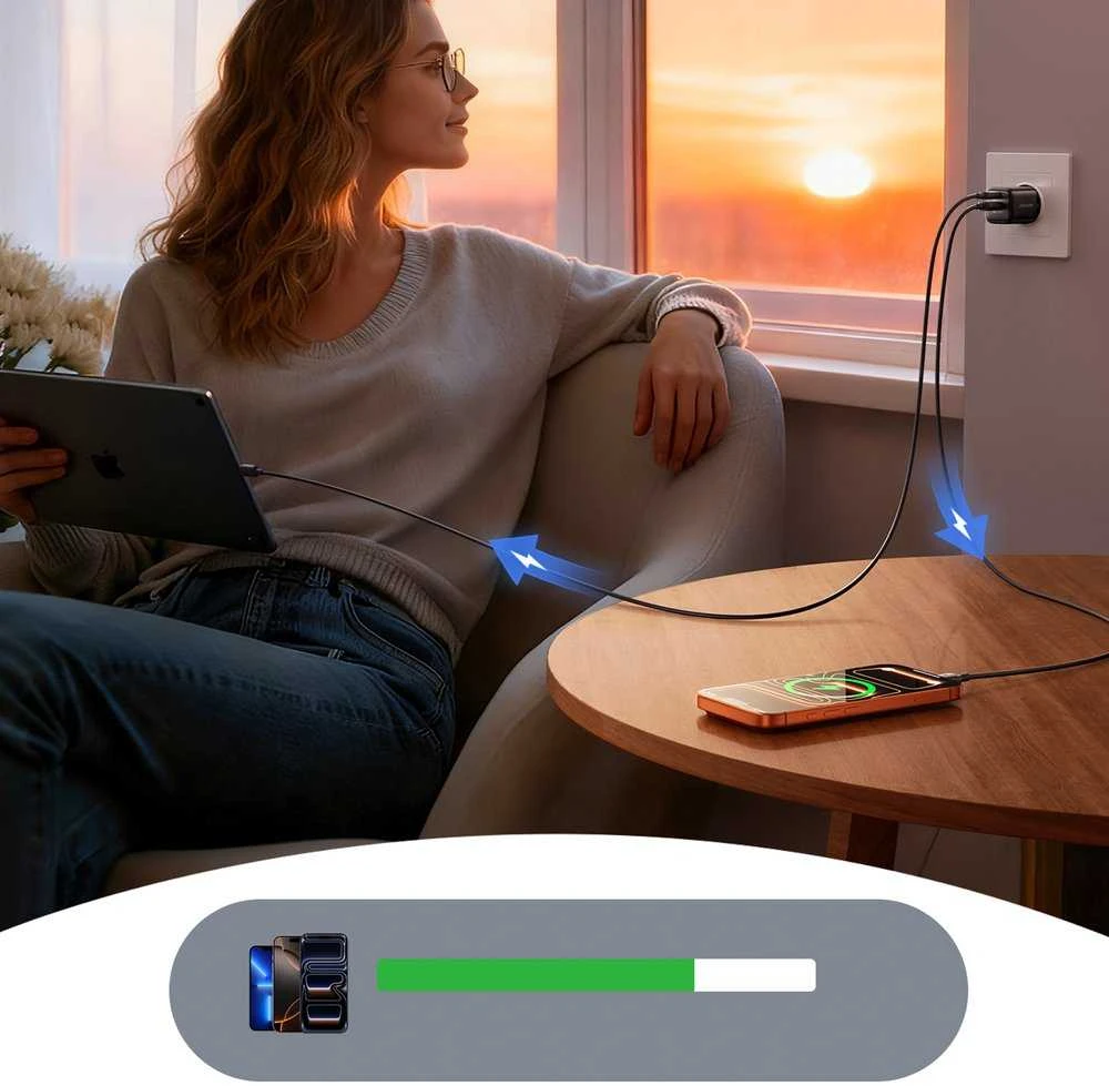 Joyroom JR-TG7 33W USB-A + USB-C sieninis įkroviklis su 60W USB-C į USB-C 1m laidu - Juodas