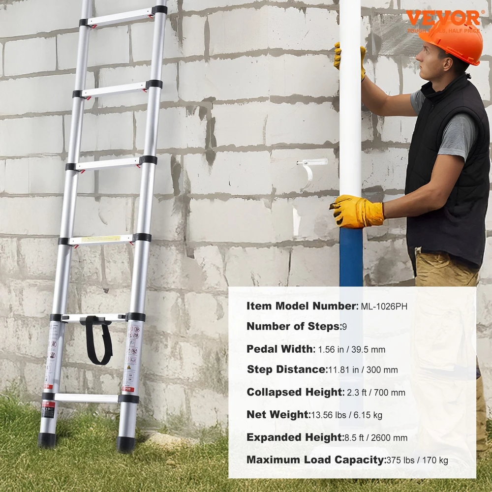 VEVOR Teleskopinės kopėčios 8,5 ft su vieno mygtuko įtraukimu