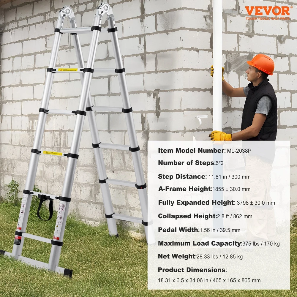 VEVOR Teleskopinės kopėčios su stabilizatoriumi