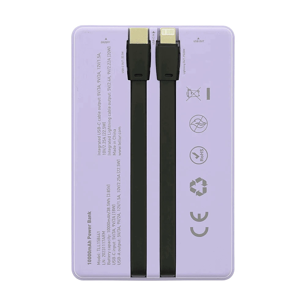 Tellur 10 000 mAh išorinė baterija su integruotais USB-C ir Lightning laidais, violetinė
