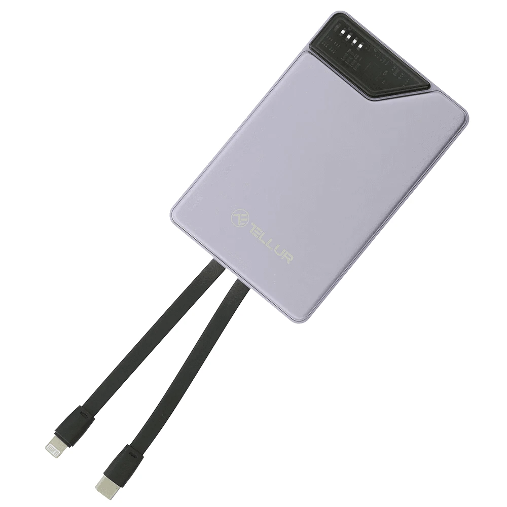 Tellur 10 000 mAh išorinė baterija su integruotais USB-C ir Lightning laidais, violetinė