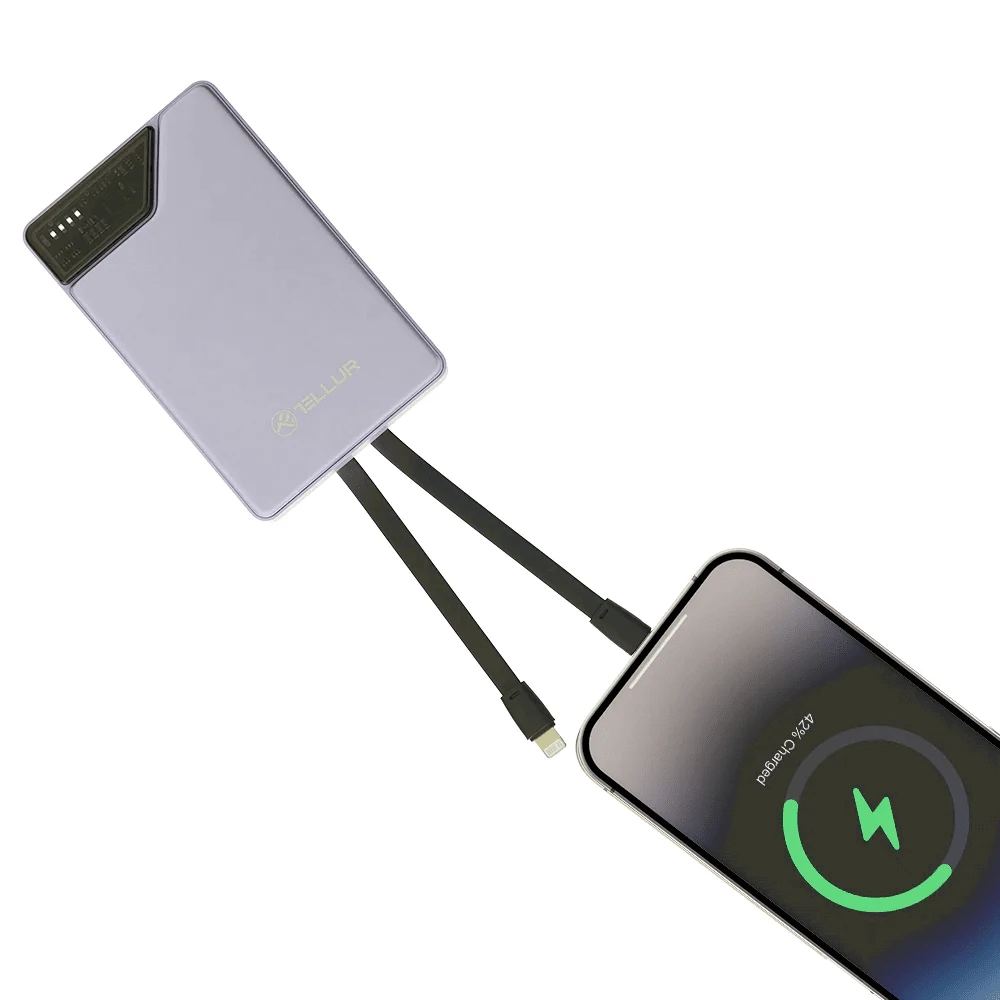Tellur 10 000 mAh išorinė baterija su integruotais USB-C ir Lightning laidais, violetinė