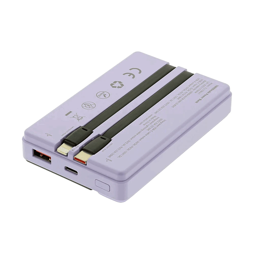 Tellur 10 000 mAh išorinė baterija su integruotais USB-C ir Lightning laidais, violetinė