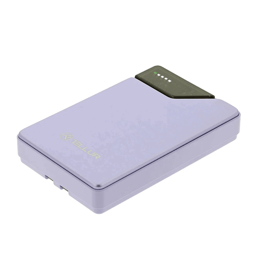 Tellur 10 000 mAh išorinė baterija su integruotais USB-C ir Lightning laidais, violetinė