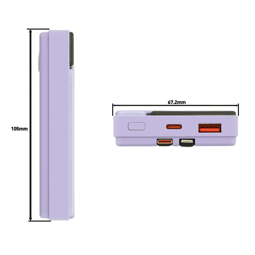 Tellur 10 000 mAh išorinė baterija su integruotais USB-C ir Lightning laidais, violetinė