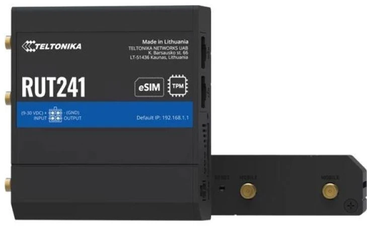 TEI Teltonika RUT241 eSIM | Industrieller 4G-LTE-Maršrutizatorius | Cat 4, 2x RJ45 100Mb/s, eSIM Korinio tinklo maršrutizatorius