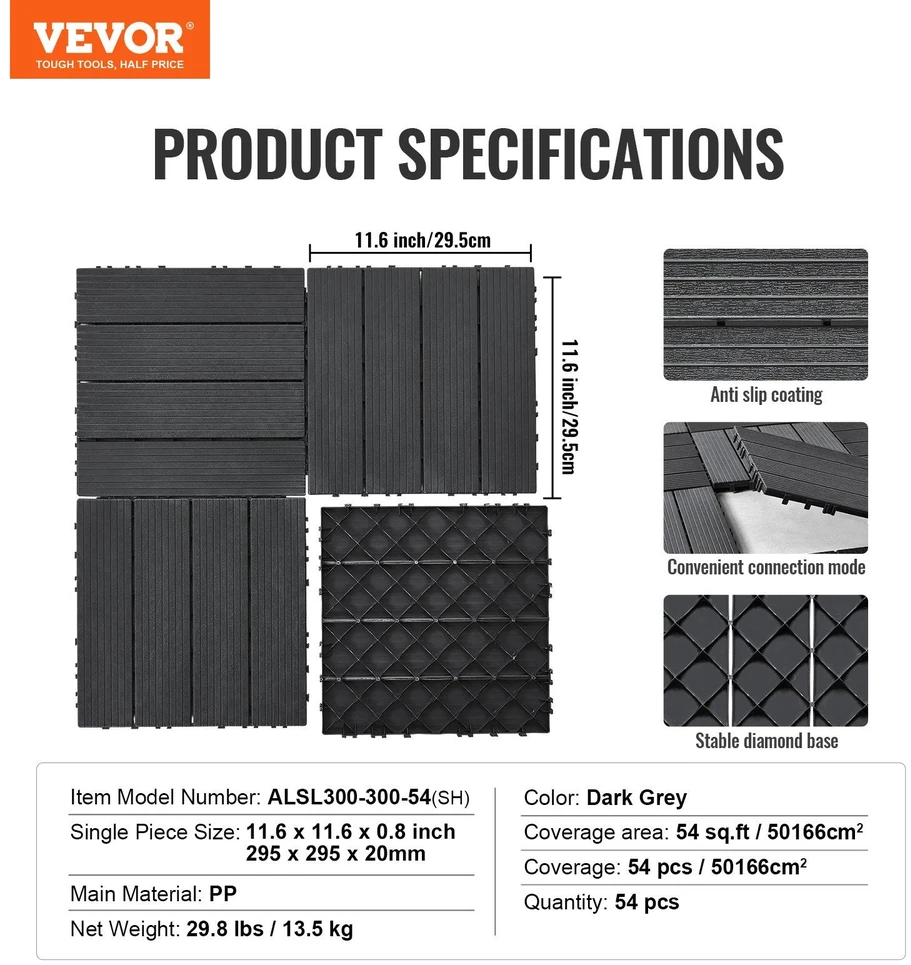 VEVOR Plastikinės terasa plytelės 54 vnt. 30x30 cm