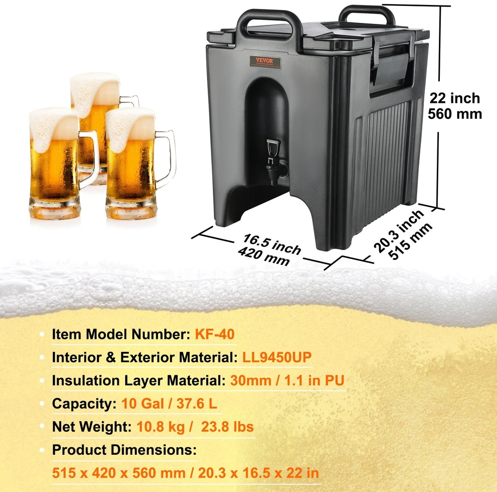 VEVOR Terminis gėrimų dozatorius, 37,6 L