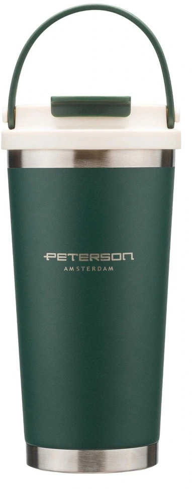 Juodas, praktyczny kubek termiczny ze stali nierdzewnej su praktycznym laikikliu, talpa 560ml - Peterson